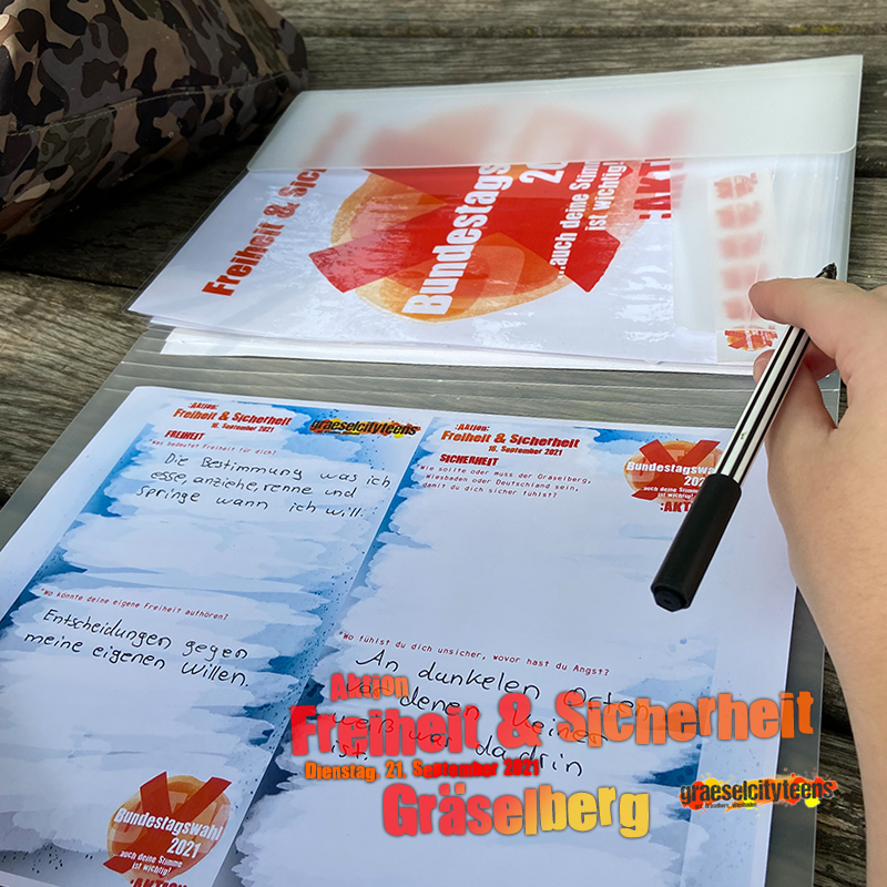 Freiheit & Sicherheit . Was bedeutet das für dich? . Aktion zur Bundestagswahl 2021 . 21. September 2021 . gct . graeselcityteens ...auf dem Gräselberg . Stadtteilzentrum Gräselberg . Wiesbaden