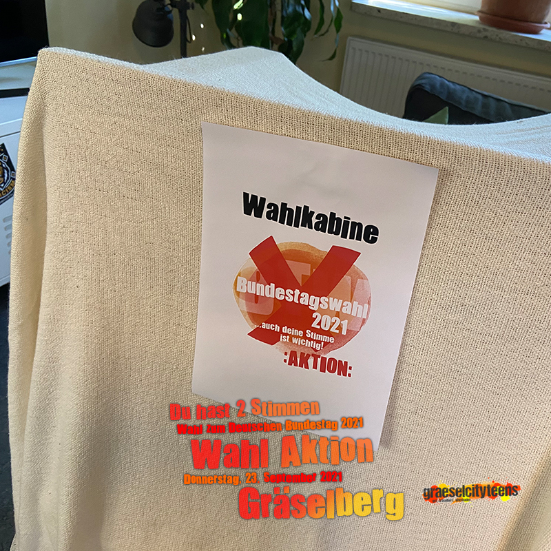 Du hast 2 Stimmen . Wahl Aktion . Wahl Aktion zum Deutschen Bundestag 2021 . Bundestagswahl: Sonntag, 26. September 2021 . 23. September 2021 . gct . graeselcityteens ...auf dem Gräselberg . Stadtteilzentrum Gräselberg . Wiesbaden