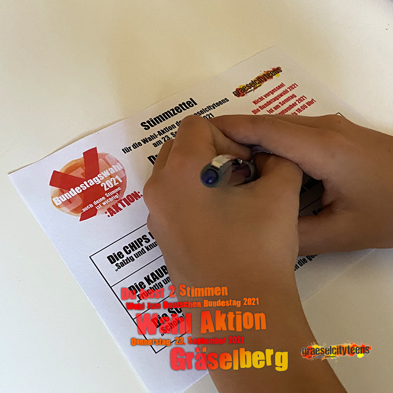 Du hast 2 Stimmen . Wahl Aktion . Wahl Aktion zum Deutschen Bundestag 2021 . Bundestagswahl: Sonntag, 26. September 2021 . 23. September 2021 . gct . graeselcityteens ...auf dem Gräselberg . Stadtteilzentrum Gräselberg . Wiesbaden