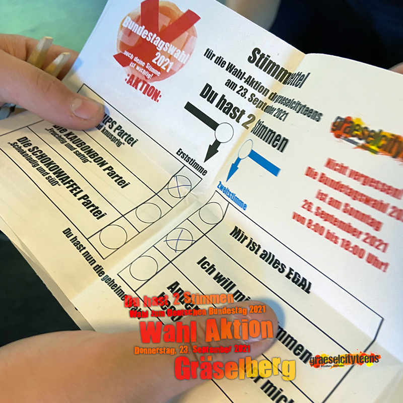 Du hast 2 Stimmen . Wahl Aktion . Wahl Aktion zum Deutschen Bundestag 2021 . Bundestagswahl: Sonntag, 26. September 2021 . 23. September 2021 . gct . graeselcityteens ...auf dem Gräselberg . Stadtteilzentrum Gräselberg . Wiesbaden