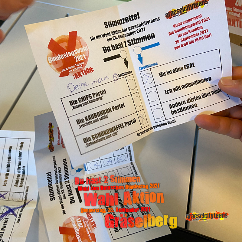 Du hast 2 Stimmen . Wahl Aktion . Wahl Aktion zum Deutschen Bundestag 2021 . Bundestagswahl: Sonntag, 26. September 2021 . 23. September 2021 . gct . graeselcityteens ...auf dem Gräselberg . Stadtteilzentrum Gräselberg . Wiesbaden