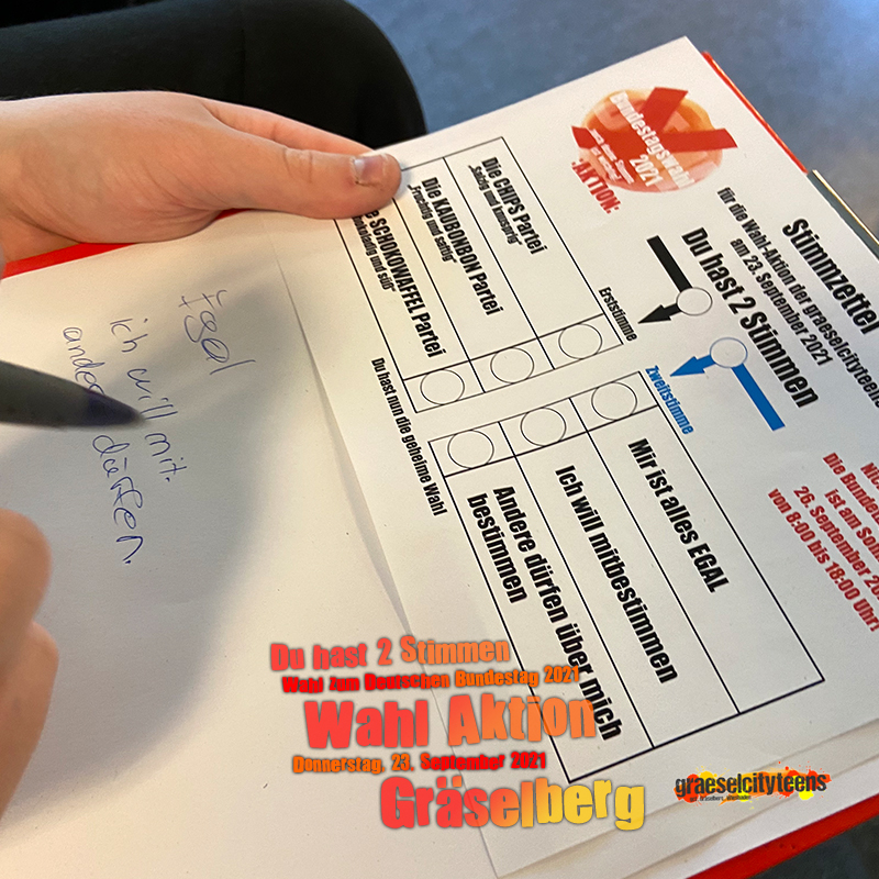 Du hast 2 Stimmen . Wahl Aktion . Wahl Aktion zum Deutschen Bundestag 2021 . Bundestagswahl: Sonntag, 26. September 2021 . 23. September 2021 . gct . graeselcityteens ...auf dem Gräselberg . Stadtteilzentrum Gräselberg . Wiesbaden