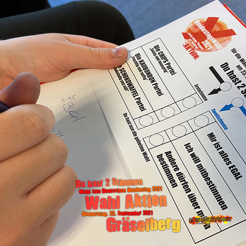 Du hast 2 Stimmen . Wahl Aktion . Wahl Aktion zum Deutschen Bundestag 2021 . Bundestagswahl: Sonntag, 26. September 2021 . 23. September 2021 . gct . graeselcityteens ...auf dem Gräselberg . Stadtteilzentrum Gräselberg . Wiesbaden