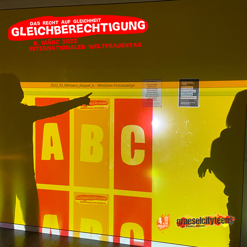 Thema: Gleichberechtigung . 11 Fragen zum Thema . 10. März 2022 . Kooperationsprojekt . Betreuende Grundschule . gct . graeselcityteens ...auf dem Gräselberg . Stadtteilzentrum Gräselberg . Wiesbaden