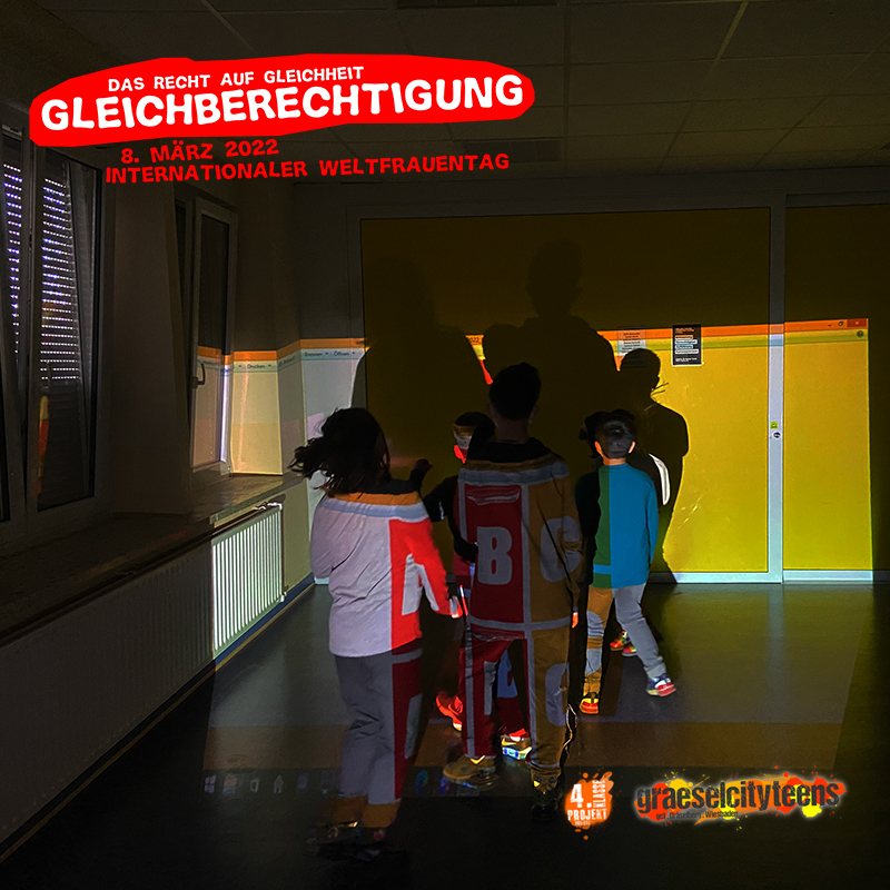 Thema: Gleichberechtigung . 11 Fragen zum Thema . 10. März 2022 . Kooperationsprojekt . Betreuende Grundschule . gct . graeselcityteens ...auf dem Gräselberg . Stadtteilzentrum Gräselberg . Wiesbaden