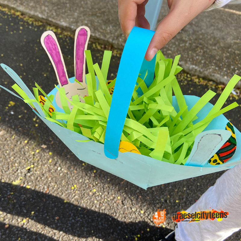 Buntes Osterkörbchen . Wir gestalten uns ein schönes Osterkörbchen . 7. April 2022 . Kooperationsprojekt . Betreuende Grundschule . gct . graeselcityteens ...auf dem Gräselberg . Stadtteilzentrum Gräselberg . Wiesbaden