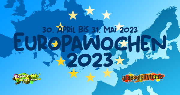 Europawochen 2023 . Mitmachen und mitgestalten . 30. April bis 31. Mai 2023 . explorerkids* . Entdecker Werkstatt im kujakk . kujakk . Kinder- und Jugendzentrum in der Reduit . Mainz-Kastel . & . gct . graeselcityteens ...auf dem GrÃ¤selberg . Stadtteilzentrum GrÃ¤selberg . Wiesbaden