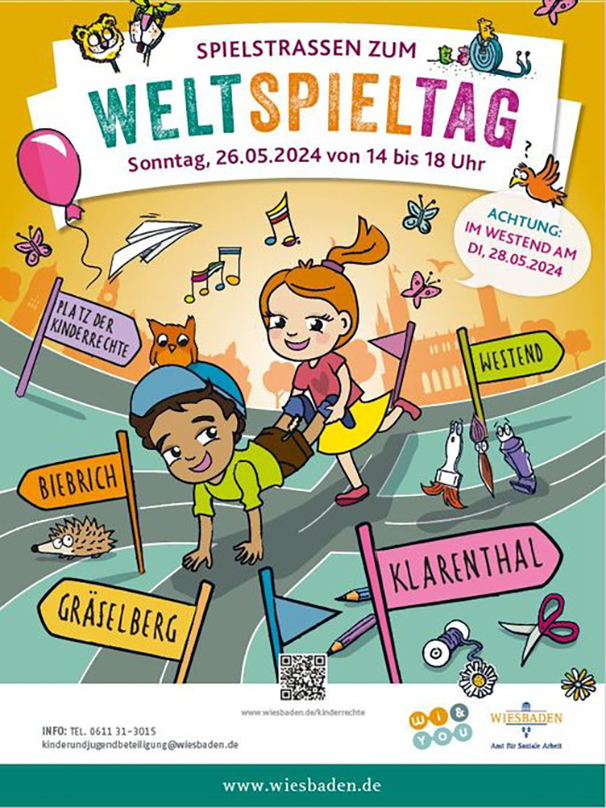 SpielstraÃen zum Weltspieltag . Temporäre SpielstraÃen in verschiedenen Stadtteilen . Sonntag, 26. Mai 2024 . Sonntag, 26. Mai 2024 . Kinder-, Jugend- und Stadtteilzentren . Wiesbaden . wiandyou.de