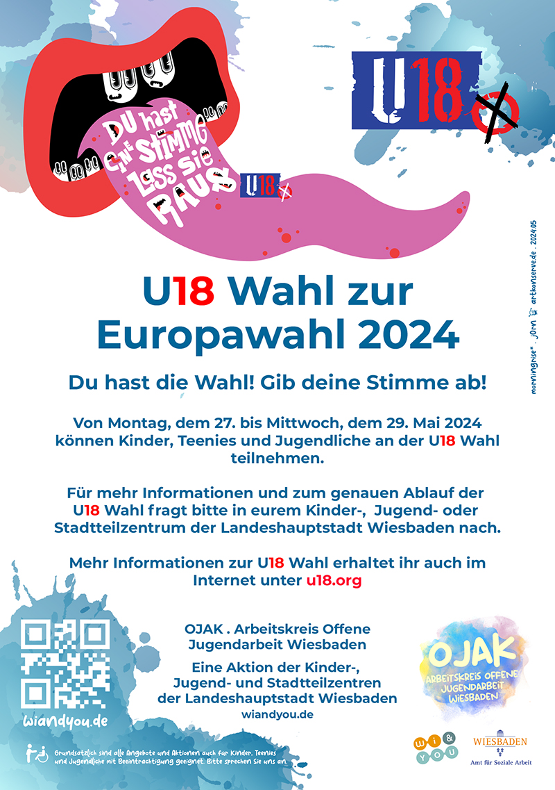 U18 Wahl zur Europawahl 2024 . Du hast die Wahl! Gib deine Stimme ab! . Von Montag, dem 27. bis Mittwoch, dem 29. Mai 2024 . Wiesbaden . OJAK . Arbeitskreis Offene Jugendarbeit Wiesbaden . wiandyou.de