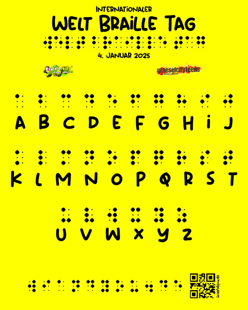 Welt Braille Tag 2025 . Internationaler Tag der Blindenschrift . 4. Januar 2025 . explorerkids* . Entdecker Werkstatt im kujakk
kujakk . Kinder- und Jugendzentrum in der Reduit . Mainz-Kastel . Kinder-, Jugend- und Stadtteilzentrum . Reduit . und . gct . graeselcityteens ...auf dem GrÃ¤selberg . Stadtteilzentrum GrÃ¤selberg . Wiesbaden . Kinder-, Jugend- und Stadtteilzentrum . GrÃ¤selberg . Wiesbaden . wiandyou . wiandyou.de